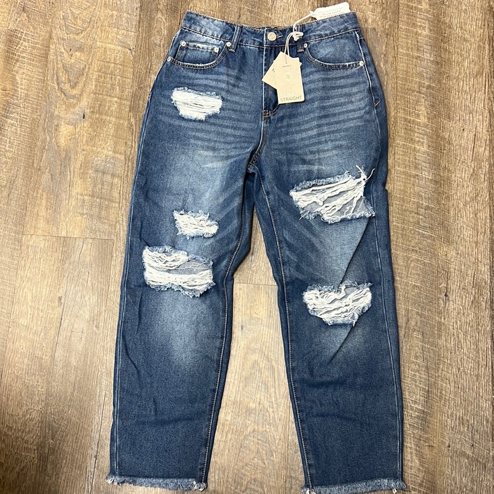 *NEW* Forever 21 hi rise slim fit straight leg distressed blue jeans pants Sz 28
